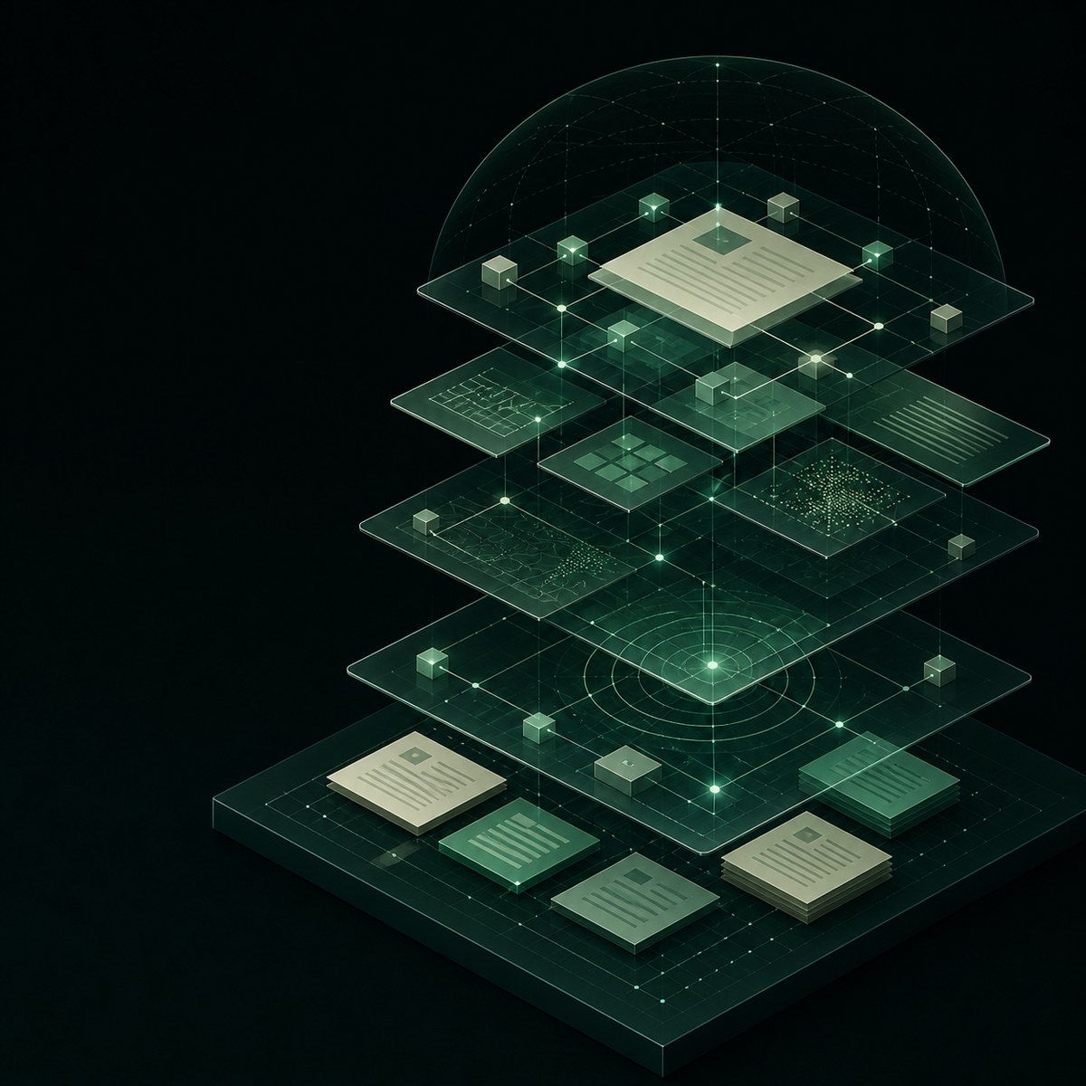 Camadas de documentos, dados e conexões formando um observatório abstrato