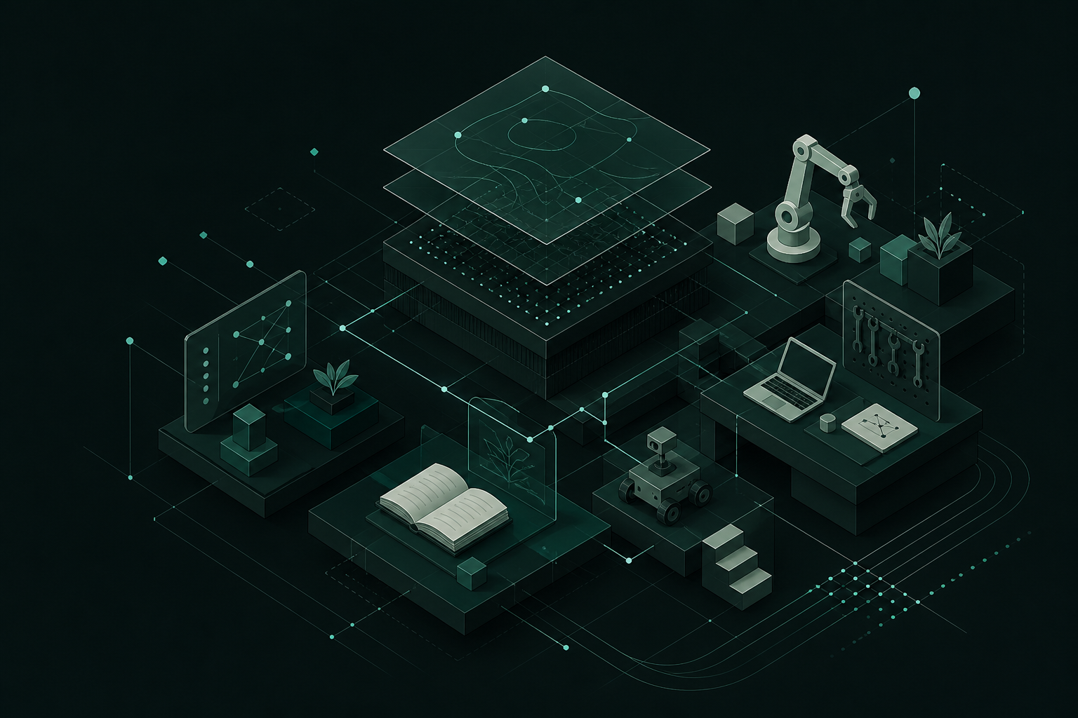Ilustração em camadas de educação tecnológica, robótica e cultura maker